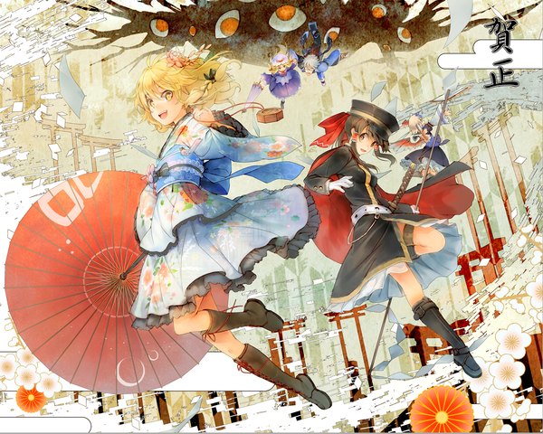 Anime picture 1554x1244 with touhou hakurei reimu kirisame marisa yakumo yukari morichika rinnosuke tokiko (touhou) eho (icbm) long hair looking at viewer short hair blonde hair brown hair brown eyes yellow eyes looking away white hair traditional clothes japanese clothes hair flower back