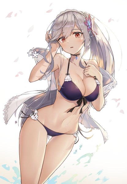 Anime picture 1037x1500 with azur lane dunkerque (azur lane) dunkerque (summer sucre) (azur lane) aliceblue single long hair tall image looking at viewer blush fringe breasts open mouth light erotic simple background hair between eyes large breasts standing white background bare shoulders payot