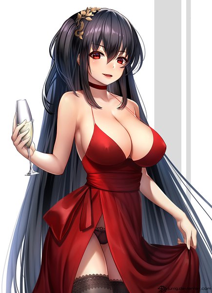 Anime picture 799x1100 with azur lane taihou (azur lane) taihou (forbidden feast) (azur lane) jurrig single long hair tall image looking at viewer blush fringe breasts open mouth light erotic black hair simple background hair between eyes red eyes large breasts standing bare shoulders