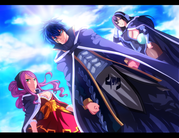 Anime picture 1100x847 with fairy tail jellal fernandes ultear milkovich meredy (fairy tail) tempestdh long hair short hair blue eyes purple eyes multiple girls green eyes blue hair pink hair sky purple hair cloud (clouds) ponytail sunlight coloring facial mark