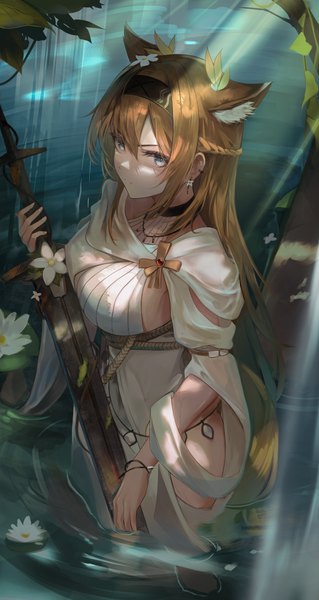 Anime picture 2773x5219 with arknights horn (arknights) horn (to effloresce whitely) (arknights) sion (im10042m) single long hair tall image looking at viewer fringe highres breasts blue eyes light erotic blonde hair hair between eyes standing holding animal ears outdoors braid (braids)