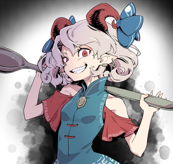 Anime picture 4330x4093 with touhou touhou gouyoku ibun toutetsu yuuma kawayabug single looking at viewer highres short hair smile red eyes bare shoulders absurdres silver hair upper body horn (horns) pointy ears teeth grin piercing symbol-shaped pupils