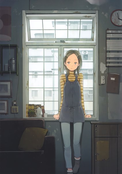 Anime picture 2478x3513 with original tnk (yoshida seiji) - raccourci yoshida seiji single tall image looking at viewer highres short hair blue eyes brown hair standing indoors long sleeves scan arm support standing on one leg girl dress boots window