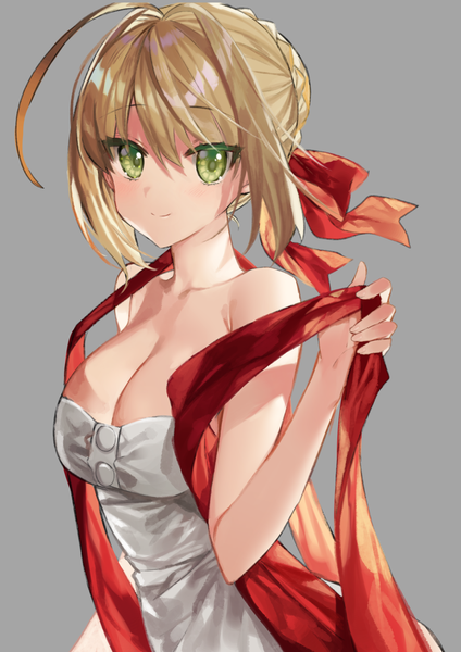 Anime picture 1034x1462 with fate (series) fate/extra nero claudius (fate) (all) nero claudius (fate) gambe single tall image looking at viewer blush fringe short hair breasts light erotic simple background blonde hair smile hair between eyes large breasts bare shoulders holding