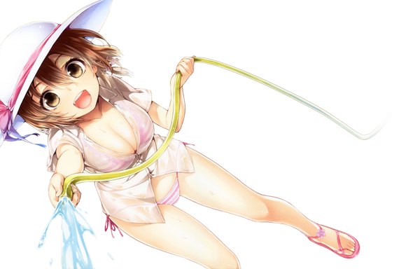 Anime picture 6862x4400 with denpa onna to seishun otoko shaft (studio) mifune ryuuko buriki highres short hair breasts open mouth light erotic simple background brown hair large breasts white background brown eyes absurdres official art girl swimsuit hat bikini