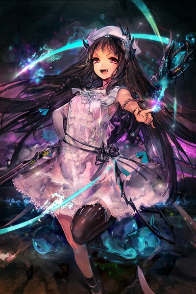 Anime picture 1200x1799 with original zis (artist) single long hair tall image looking at viewer fringe open mouth black hair bent knee (knees) braid (braids) pink eyes teeth fang (fangs) twin braids outstretched arm magic glowing leg lift (legs lift) revision