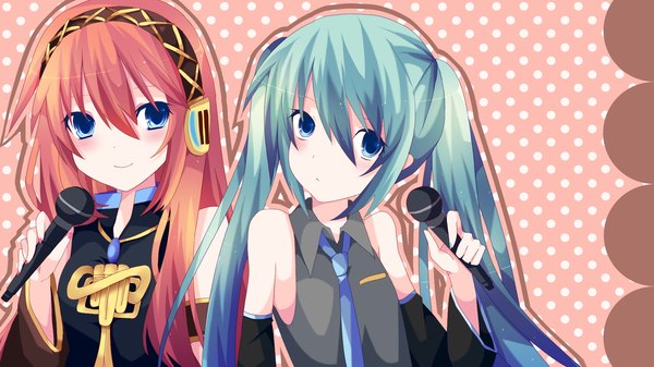 Anime picture 1920x1080 with vocaloid hatsune miku megurine luka long hair blush highres blue eyes wide image twintails bare shoulders multiple girls red hair aqua hair girl 2 girls detached sleeves headphones microphone