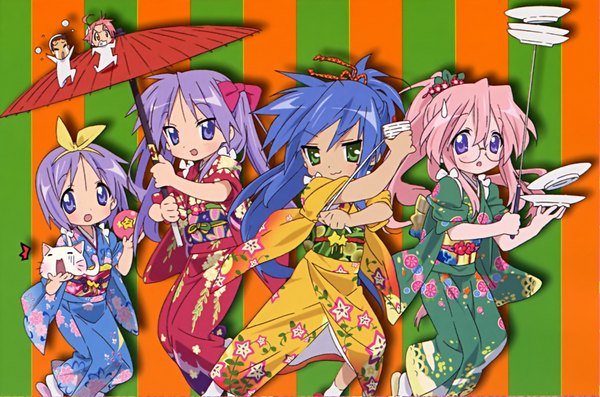 Anime picture 2177x1441 with lucky star kyoto animation izumi konata hiiragi kagami hiiragi tsukasa takara miyuki highres japanese clothes girl kimono