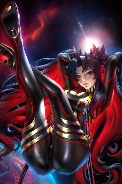 Anime picture 4000x6000 with fate (series) fate/grand order ishtar (fate) space ishtar (fate) ayyasap single tall image looking at viewer blush fringe highres breasts light erotic black hair red eyes large breasts signed absurdres cleavage full body