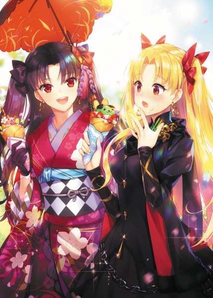 Anime picture 985x1377 with fate (series) fate/grand order ishtar (fate) ereshkigal (fate) demmy long hair tall image blush fringe open mouth black hair blonde hair smile red eyes standing multiple girls holding looking away outdoors long sleeves