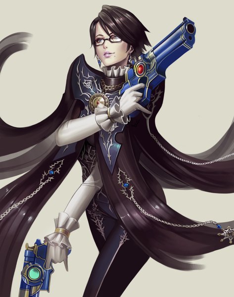 Anime picture 1670x2120 with bayonetta bayonetta 2 bayonetta (character) dantewontdie single tall image fringe short hair blue eyes black hair simple background smile hair between eyes holding payot looking away parted lips lips realistic grey background