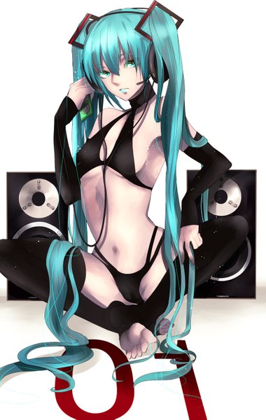 Anime picture 900x1419 with vocaloid ipod hatsune miku jun (anna19791220) single tall image looking at viewer light erotic simple background white background twintails very long hair aqua eyes aqua hair girl thighhighs navel hair ornament black thighhighs detached sleeves