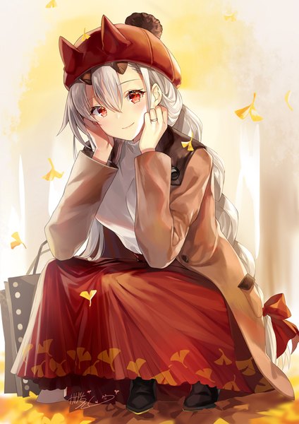 Anime picture 566x800 with fate (series) fate/grand order tomoe gozen (fate) kagachi saku single long hair tall image looking at viewer blush fringe smile hair between eyes red eyes signed silver hair full body outdoors braid (braids) long sleeves head tilt