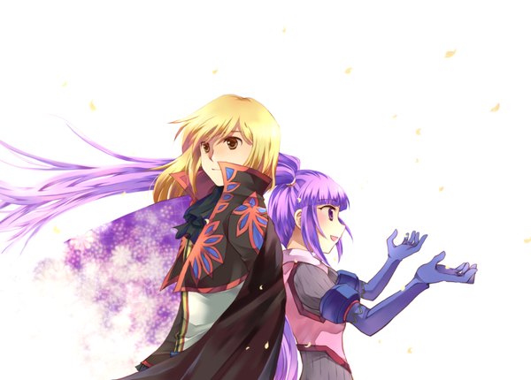 Anime picture 1728x1240 with tales of graces sophie (tales) richard (tales) highres open mouth simple background blonde hair smile white background purple eyes yellow eyes purple hair back to back girl boy gloves elbow gloves