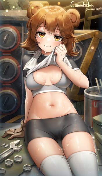 Anime picture 1427x2438 with original menna (0012) single tall image looking at viewer blush fringe short hair breasts light erotic smile brown hair sitting brown eyes signed animal ears indoors arm support bare belly short sleeves