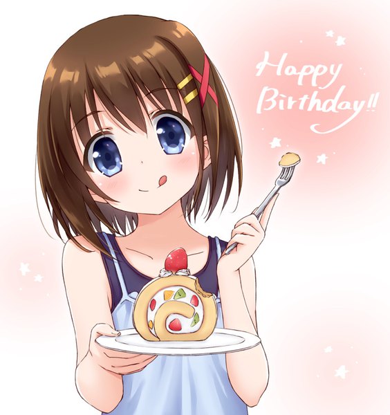 Anime picture 767x816 with mahou shoujo lyrical nanoha mahou shoujo lyrical nanoha strikers yagami hayate hoshino kagari single tall image looking at viewer blush short hair blue eyes simple background brown hair upper body head tilt happy birthday girl food sweets tongue star (symbol)