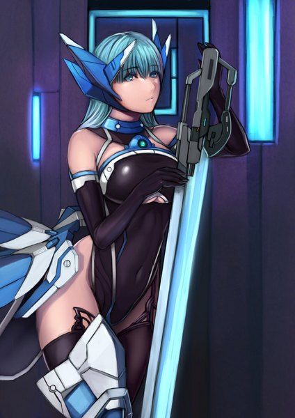 Anime picture 744x1052 with original hoshara single long hair tall image looking at viewer fringe breasts blue eyes light erotic large breasts standing bare shoulders holding blue hair mechanical glowing weapon girl thighhighs gloves