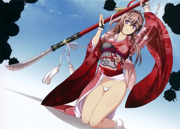 Anime picture 4597x3298 with hyakka ryouran samurai girls arms corporation tokugawa sen nishii (nitroplus) single long hair looking at viewer highres light erotic brown hair purple eyes absurdres traditional clothes japanese clothes scan official art girl underwear panties weapon