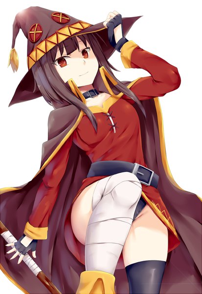 Anime picture 700x1017 with kono subarashii sekai ni shukufuku wo! studio deen megumin rixch single long hair tall image looking at viewer breasts light erotic black hair simple background smile red eyes white background bent knee (knees) girl dress gloves underwear