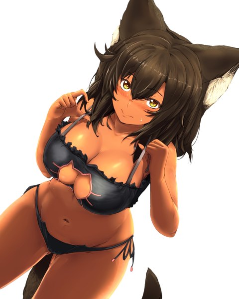 Anime picture 1600x2000 with original pekoneko single long hair tall image looking at viewer blush breasts light erotic black hair simple background large breasts white background animal ears yellow eyes tail animal tail underwear only groin girl