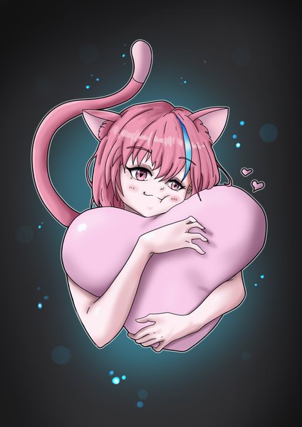 Anime picture 2480x3508 with original rainbow d fox single tall image blush fringe highres short hair simple background smile hair between eyes animal ears looking away pink hair tail animal tail pink eyes multicolored hair cat ears cat girl
