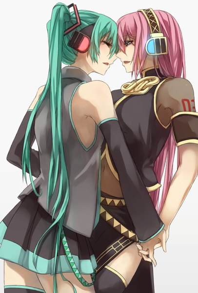 Anime picture 1150x1700 with vocaloid hatsune miku megurine luka kyouya (mukuro238) long hair tall image open mouth blue eyes bare shoulders multiple girls pink hair eyes closed aqua hair holding hands side slit shoujo ai face to face almost kiss girl thighhighs