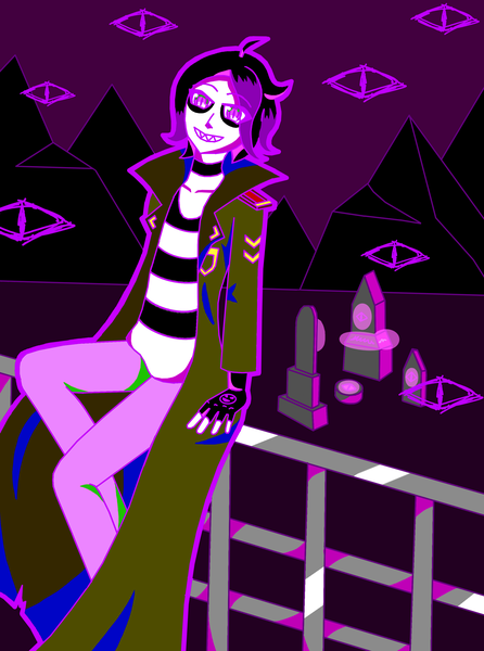 Anime picture 2481x3335 with dreamophrenia lu (dreamophrenia) fenno7 single tall image highres short hair black hair smile sitting purple eyes ahoge outdoors multicolored hair night open clothes two-tone hair teeth striped mountain