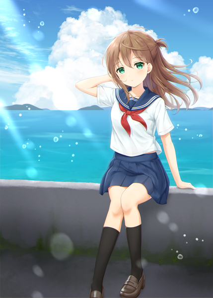 Anime picture 2349x3286 with original yutuki ame single long hair tall image looking at viewer blush fringe highres hair between eyes brown hair sitting green eyes payot sky cloud (clouds) ahoge outdoors pleated skirt sunlight