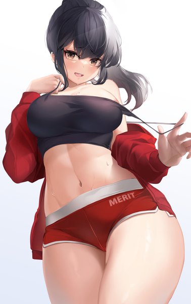 Anime picture 2212x3508 with original ka941 single long hair tall image looking at viewer fringe highres breasts open mouth light erotic black hair simple background smile hair between eyes large breasts standing white background brown eyes payot