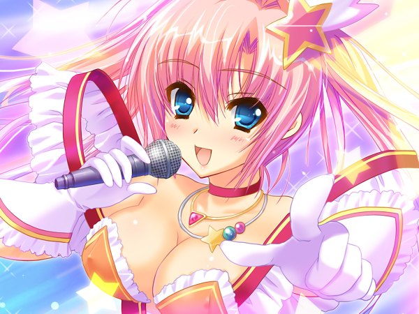 Anime picture 1200x900 with i can (game) toudou miyu kinmedai pink long hair blush breasts light erotic twintails pink hair game cg cleavage blue background singing girl gloves hair ornament star (symbol) microphone star hair ornament