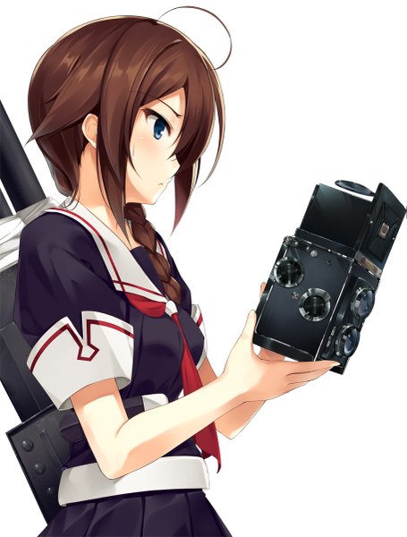 Anime picture 911x1200 with kantai collection shigure destroyer asagi jun single long hair tall image blue eyes brown hair white background braid (braids) profile girl sailor suit