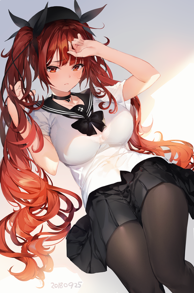 Anime picture 1900x2865 with azur lane honolulu (azur lane) honolulu (umbrella girl) (azur lane) umibouzu (niito) single long hair tall image looking at viewer blush fringe highres breasts light erotic simple background red eyes twintails payot red hair pleated skirt arm up