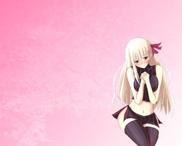 Anime picture 1280x1024 with fate (series) fate/stay night studio deen type-moon matou sakura dark sakura blush light erotic simple background blonde hair brown eyes midriff zettai ryouiki girl skirt ribbon (ribbons) hair ribbon miniskirt