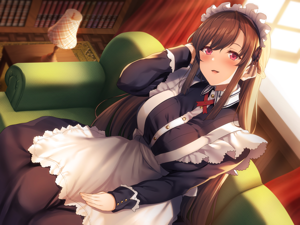 Anime-Bild 3200x2400 mit original raiou single long hair looking at viewer blush fringe highres breasts open mouth smile red eyes brown hair large breasts sitting payot absurdres indoors long sleeves head tilt
