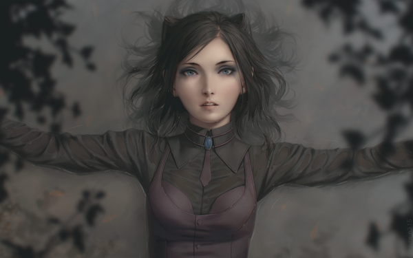 Anime picture 2048x1280 with ergo proxy re-l mayer miura-n315 single looking at viewer fringe highres short hair blue eyes black hair upper body lying parted lips realistic shadow wet on back partially submerged spread arms wet clothes