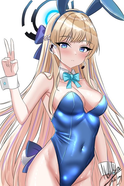 Anime picture 1536x2304 with blue archive toki (blue archive) toki (bunny) (blue archive) nekobox single long hair tall image looking at viewer blush fringe breasts blue eyes light erotic simple background blonde hair large breasts standing white background signed animal ears