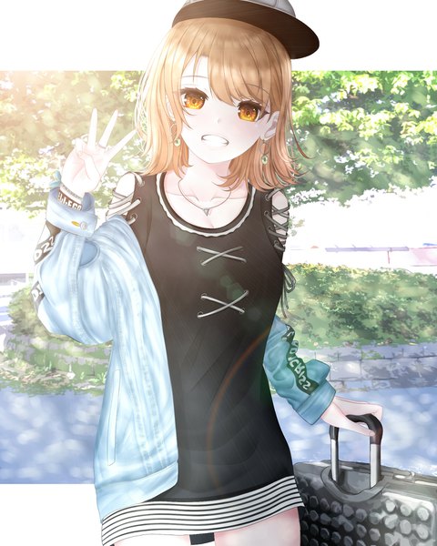 Anime picture 1600x2000 with yahari ore no seishun love comedy wa machigatteiru. brains base (studio) isshiki iroha nabura single tall image looking at viewer fringe short hair smile hair between eyes brown hair brown eyes upper body outdoors off shoulder open jacket grin letterboxed girl