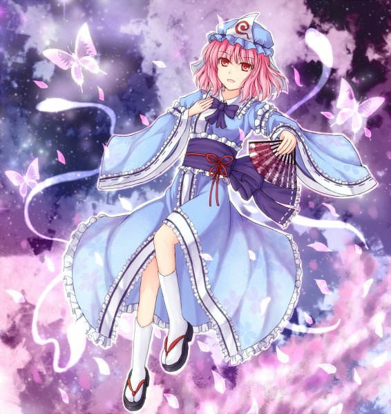 Anime picture 1132x1200 with touhou saigyouji yuyuko single tall image short hair open mouth red eyes pink hair japanese clothes ghost girl bow petals socks insect butterfly white socks bonnet fan