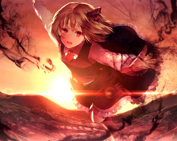 Anime picture 1600x1280 with touhou rumia sunakumo single short hair open mouth blonde hair red eyes sunlight evening sunset flying girl dress bow hair bow