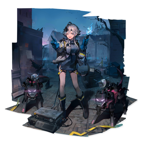 Anime picture 2048x2048 with arknights mayer (arknights) mayer (visionblazer in the courtyard) (arknights) huanxiang heitu single looking at viewer fringe highres short hair open mouth hair between eyes standing silver hair full body ahoge outdoors :d official art bare legs official alternate costume