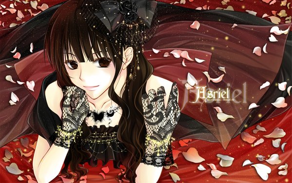 Anime picture 1920x1200 with original hisuri (artist) single long hair looking at viewer highres brown hair wide image brown eyes light smile girl dress gloves hair ornament petals
