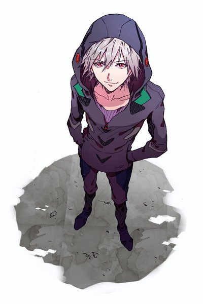 Anime picture 686x1028 with neon genesis evangelion rebuild of evangelion evangelion: 3.0 you can (not) redo gainax nagisa kaworu ishizaki miwako single tall image looking at viewer fringe short hair simple background smile hair between eyes standing white background silver hair full body pink eyes from above