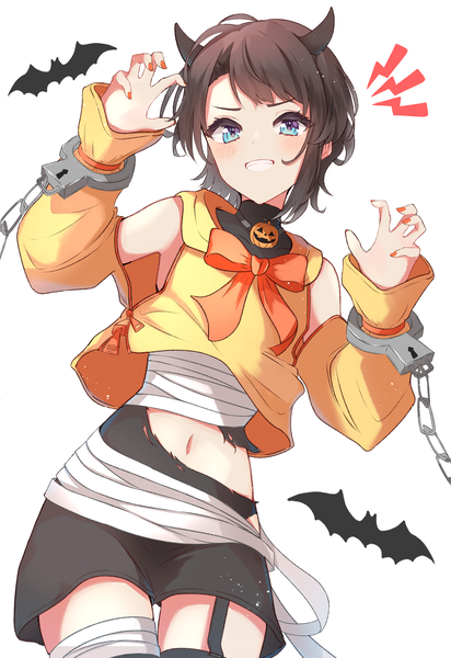 Anime picture 2553x3719 with virtual youtuber hololive oozora subaru nishiki yuno single tall image looking at viewer highres short hair blue eyes simple background smile brown hair white background nail polish horn (horns) grin halloween claw pose orange nail polish