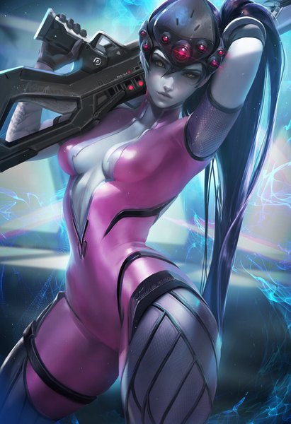 Anime picture 2053x3000 with overwatch blizzard entertainment widowmaker (overwatch) sakimichan single tall image looking at viewer fringe highres breasts light erotic black hair hair between eyes standing holding signed yellow eyes very long hair realistic arms up