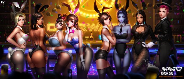 Anime picture 3000x1300 with overwatch blizzard entertainment d.va (overwatch) mercy (overwatch) widowmaker (overwatch) tracer (overwatch) mei (overwatch) pharah (overwatch) symmetra (overwatch) zarya (overwatch) liang xing long hair looking at viewer fringe highres short hair breasts blue eyes light erotic black hair