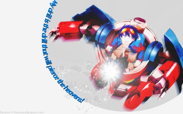 Anime picture 1280x800 with tengen toppa gurren lagann gainax simon single looking at viewer short hair open mouth blue eyes wide image blue hair from above wallpaper glowing boy goggles mecha