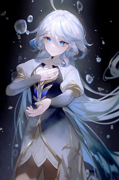 Anime picture 2003x3035 with genshin impact focalors (genshin impact) lower string single long hair tall image fringe highres blue eyes hair between eyes looking away silver hair ahoge multicolored hair light smile streaked hair hand on chest underwater outstretched hand spoilers