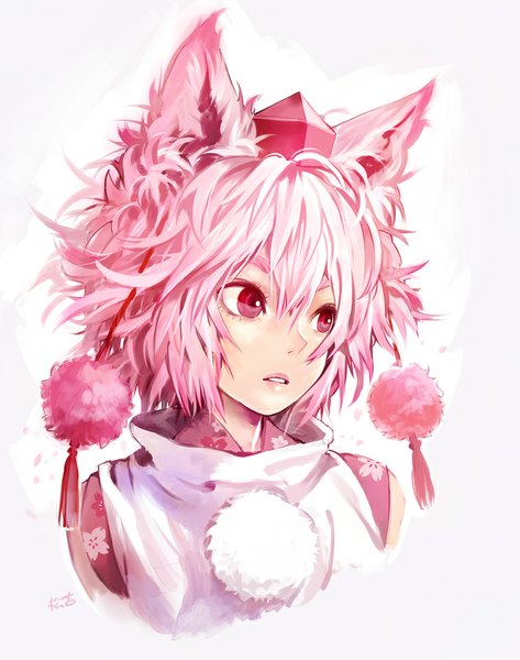 Anime picture 760x965 with touhou inubashiri momiji matsuda (matsukichi) single tall image short hair simple background white background animal ears looking away pink hair pink eyes close-up wolf ears girl pom pom (clothes) tokin hat