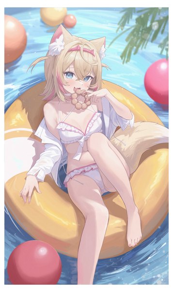Anime picture 3158x5309 with virtual youtuber hololive hololive english mococo abyssgard midori xu single tall image looking at viewer blush fringe highres short hair open mouth blue eyes light erotic blonde hair hair between eyes animal ears absurdres tail