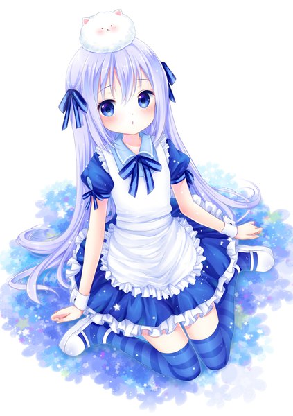 Anime picture 1500x2129 with gochuumon wa usagi desu ka? white fox kafuu chino tippy (gochiusa) nami (nyaa) single long hair tall image looking at viewer blush blue eyes silver hair loli cute animal on head girl thighhighs dress ribbon (ribbons) hair ribbon